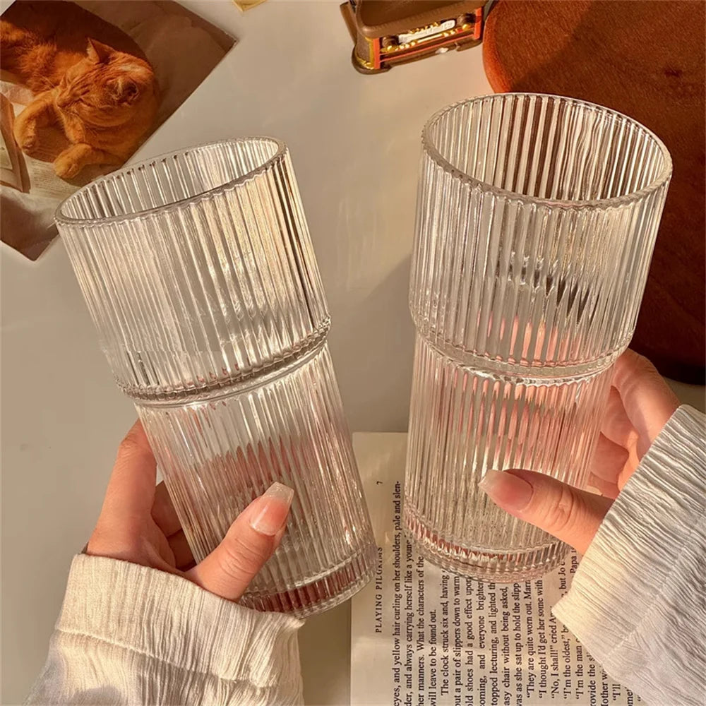 1/2pcs 600ml Stripe Glass Cup with Lid and Straw – Transparent Juice, Water, and Iced Coffee Drinking Glass