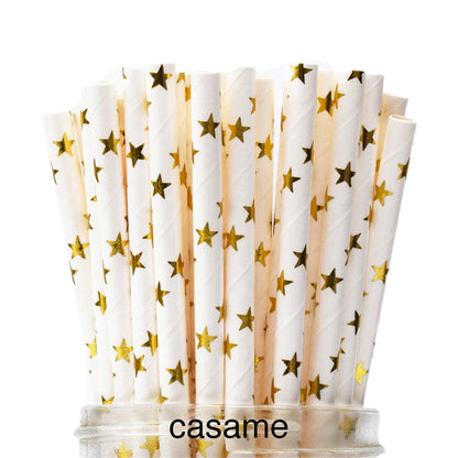 25PCS Metallic Gold & Silver Foil Paper Straws – Heart, Star & Chevron Pattern Biodegradable Party Straws for Wedding, Birthday & Events