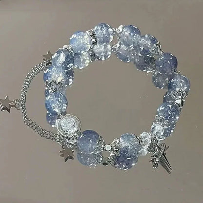 Niche Design Star Chain Tassel Bracelet – Fantasy Blue Crystal Beads Elastic Rope Bracelet for Women